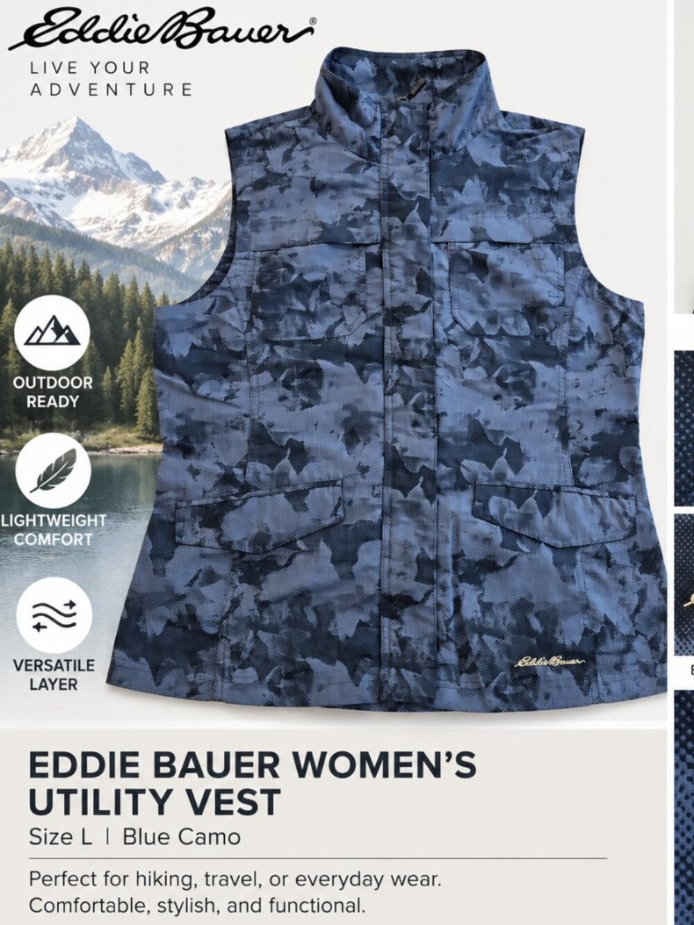 Eddie Bauer Vest Womens Large Blue Camo Vented Utility Sleeveless Full Zip Top
